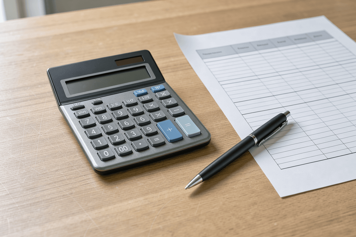 A calculator, a pen and a printed balance sheet on a desk